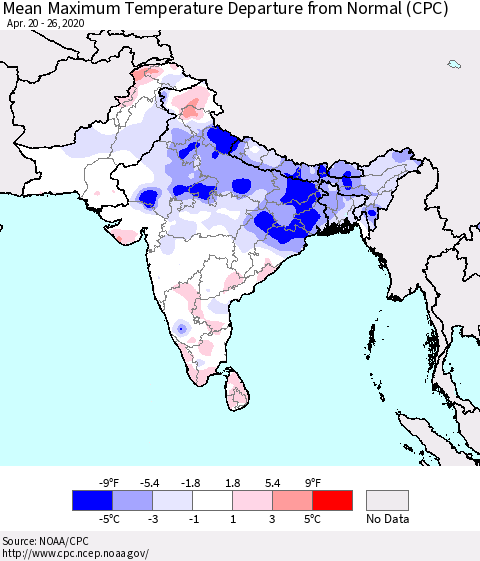 Southern Asia Mean Maximum Temperature Departure from Normal (CPC) Thematic Map For 4/20/2020 - 4/26/2020
