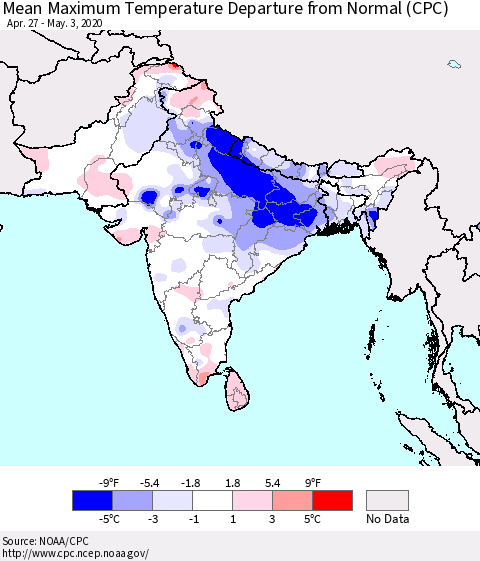 Southern Asia Maximum Temperature Departure From Normal (CPC) Thematic Map For 4/27/2020 - 5/3/2020