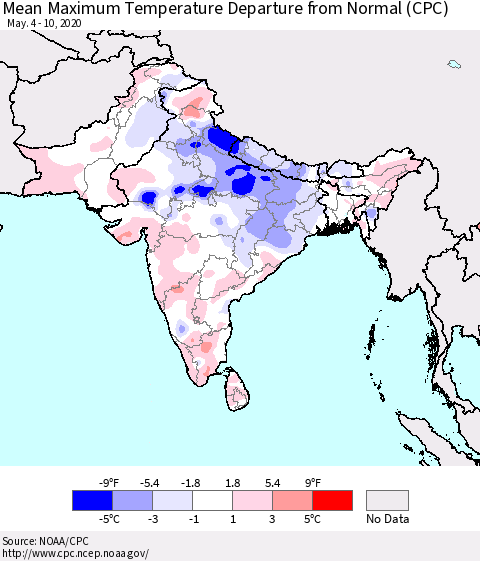 Southern Asia Maximum Temperature Departure From Normal (CPC) Thematic Map For 5/4/2020 - 5/10/2020