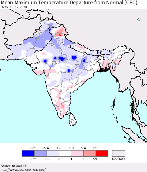 Southern Asia Mean Maximum Temperature Departure from Normal (CPC) Thematic Map For 5/11/2020 - 5/17/2020