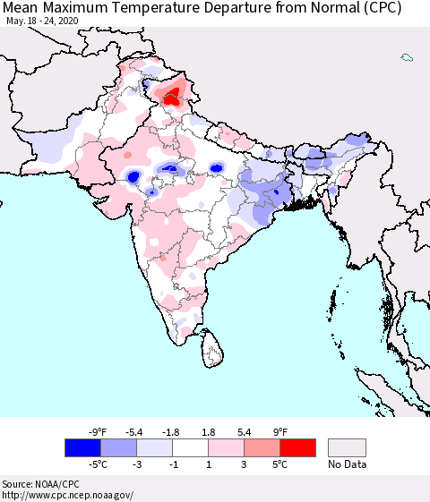 Southern Asia Maximum Temperature Departure From Normal (CPC) Thematic Map For 5/18/2020 - 5/24/2020