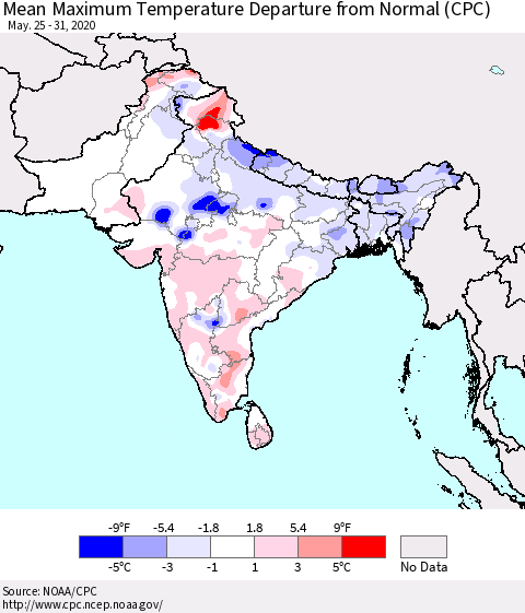 Southern Asia Mean Maximum Temperature Departure from Normal (CPC) Thematic Map For 5/25/2020 - 5/31/2020