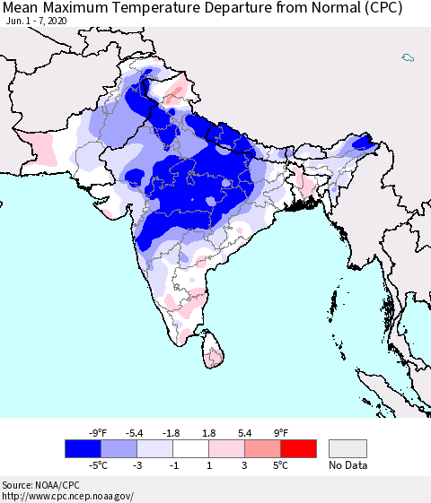 Southern Asia Mean Maximum Temperature Departure from Normal (CPC) Thematic Map For 6/1/2020 - 6/7/2020
