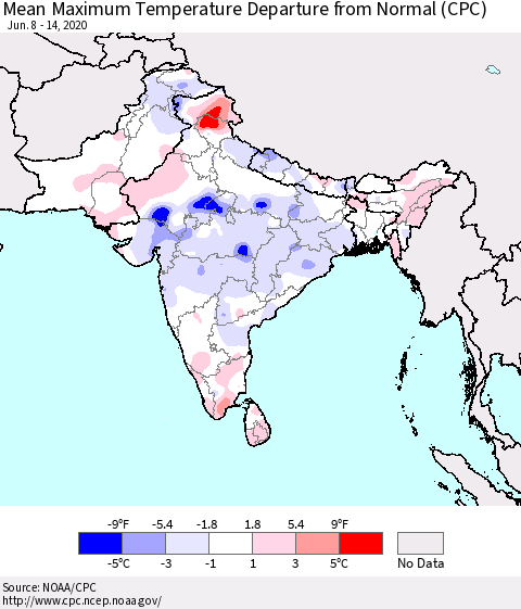 Southern Asia Mean Maximum Temperature Departure from Normal (CPC) Thematic Map For 6/8/2020 - 6/14/2020