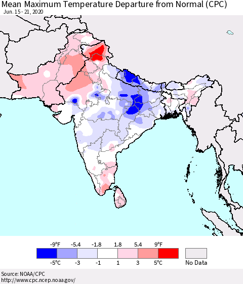 Southern Asia Maximum Temperature Departure From Normal (CPC) Thematic Map For 6/15/2020 - 6/21/2020