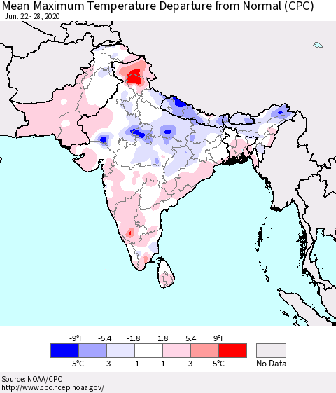 Southern Asia Mean Maximum Temperature Departure from Normal (CPC) Thematic Map For 6/22/2020 - 6/28/2020