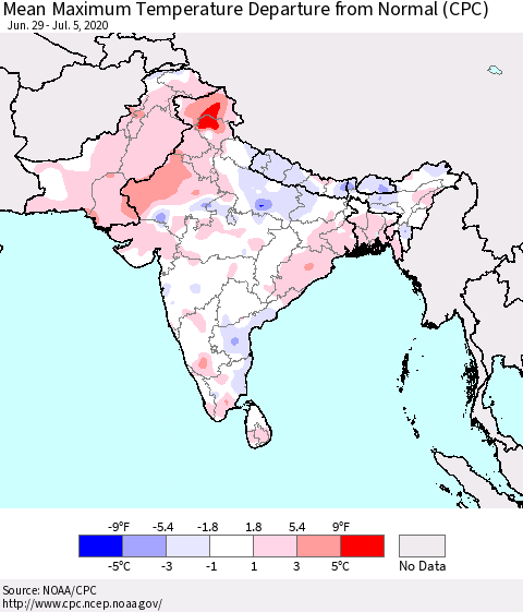 Southern Asia Mean Maximum Temperature Departure from Normal (CPC) Thematic Map For 6/29/2020 - 7/5/2020