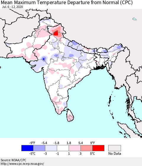 Southern Asia Mean Maximum Temperature Departure from Normal (CPC) Thematic Map For 7/6/2020 - 7/12/2020