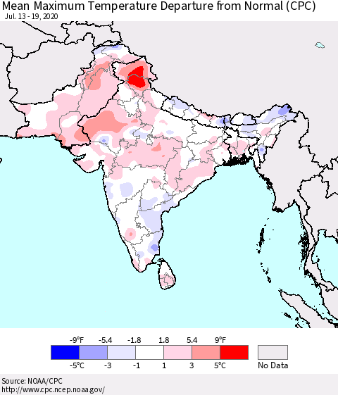 Southern Asia Maximum Temperature Departure From Normal (CPC) Thematic Map For 7/13/2020 - 7/19/2020
