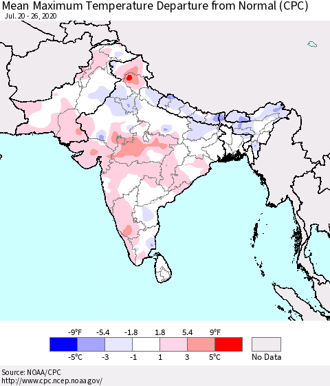 Southern Asia Mean Maximum Temperature Departure from Normal (CPC) Thematic Map For 7/20/2020 - 7/26/2020