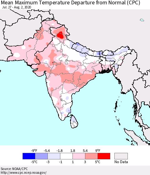 Southern Asia Mean Maximum Temperature Departure from Normal (CPC) Thematic Map For 7/27/2020 - 8/2/2020