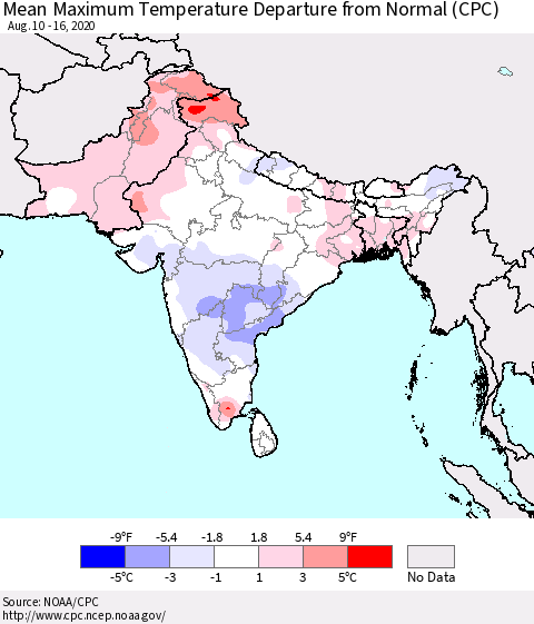 Southern Asia Mean Maximum Temperature Departure from Normal (CPC) Thematic Map For 8/10/2020 - 8/16/2020