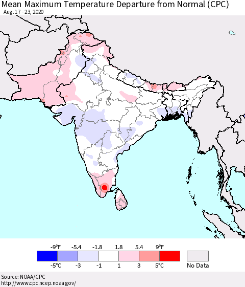 Southern Asia Mean Maximum Temperature Departure from Normal (CPC) Thematic Map For 8/17/2020 - 8/23/2020