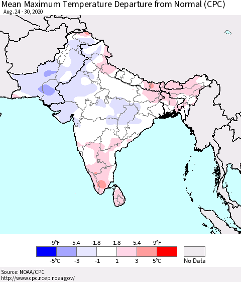 Southern Asia Maximum Temperature Departure From Normal (CPC) Thematic Map For 8/24/2020 - 8/30/2020