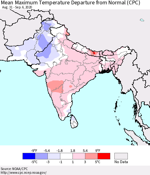 Southern Asia Mean Maximum Temperature Departure from Normal (CPC) Thematic Map For 8/31/2020 - 9/6/2020