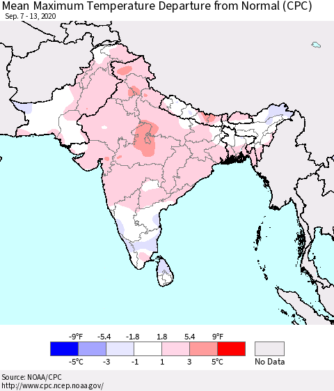 Southern Asia Mean Maximum Temperature Departure from Normal (CPC) Thematic Map For 9/7/2020 - 9/13/2020