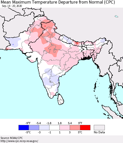 Southern Asia Maximum Temperature Departure From Normal (CPC) Thematic Map For 9/14/2020 - 9/20/2020