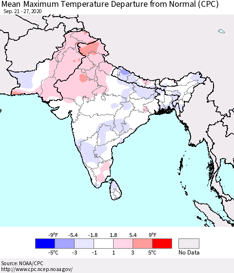 Southern Asia Maximum Temperature Departure From Normal (CPC) Thematic Map For 9/21/2020 - 9/27/2020