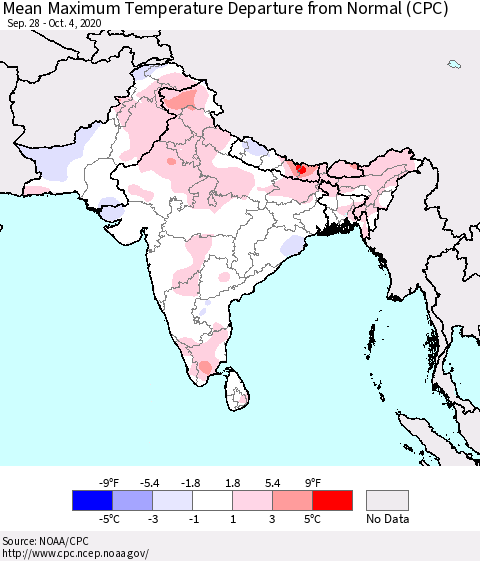 Southern Asia Maximum Temperature Departure From Normal (CPC) Thematic Map For 9/28/2020 - 10/4/2020