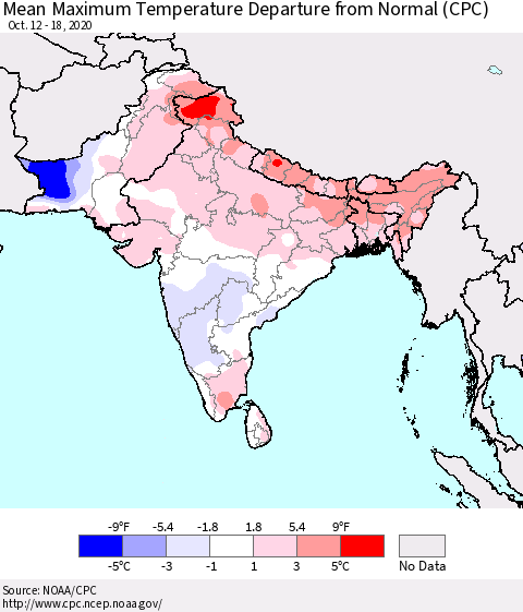 Southern Asia Mean Maximum Temperature Departure from Normal (CPC) Thematic Map For 10/12/2020 - 10/18/2020