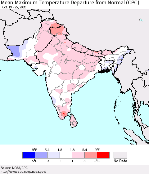 Southern Asia Mean Maximum Temperature Departure from Normal (CPC) Thematic Map For 10/19/2020 - 10/25/2020