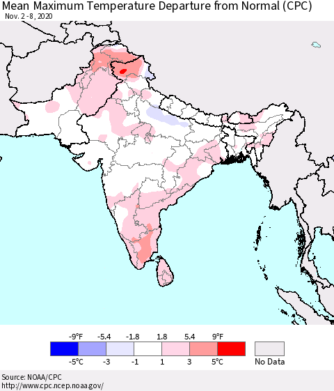 Southern Asia Mean Maximum Temperature Departure from Normal (CPC) Thematic Map For 11/2/2020 - 11/8/2020