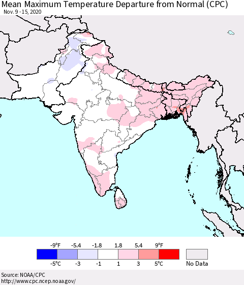 Southern Asia Mean Maximum Temperature Departure from Normal (CPC) Thematic Map For 11/9/2020 - 11/15/2020