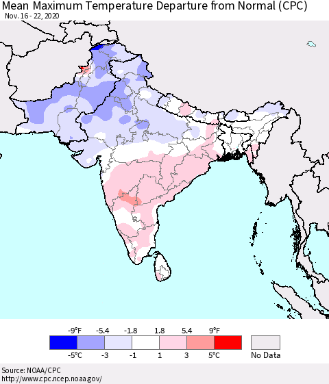 Southern Asia Mean Maximum Temperature Departure from Normal (CPC) Thematic Map For 11/16/2020 - 11/22/2020
