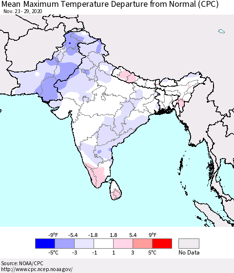 Southern Asia Maximum Temperature Departure From Normal (CPC) Thematic Map For 11/23/2020 - 11/29/2020