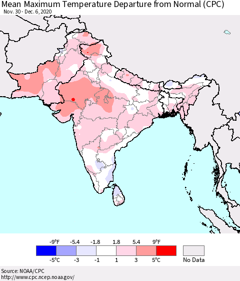 Southern Asia Mean Maximum Temperature Departure from Normal (CPC) Thematic Map For 11/30/2020 - 12/6/2020