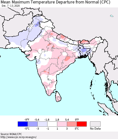 Southern Asia Mean Maximum Temperature Departure from Normal (CPC) Thematic Map For 12/7/2020 - 12/13/2020