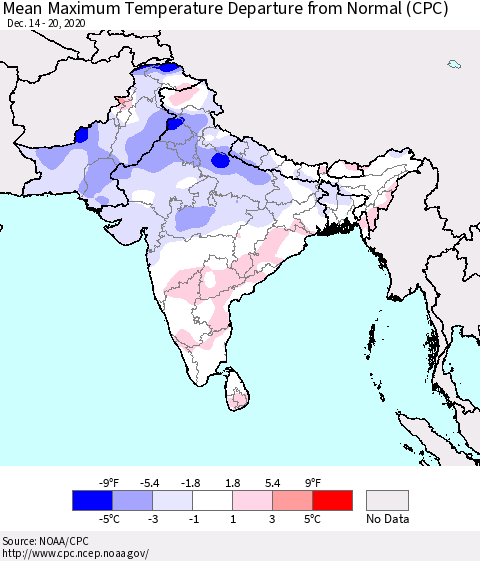 Southern Asia Mean Maximum Temperature Departure from Normal (CPC) Thematic Map For 12/14/2020 - 12/20/2020