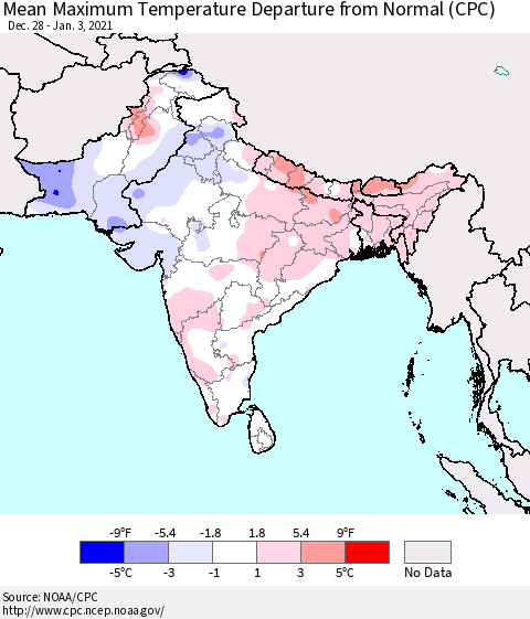 Southern Asia Maximum Temperature Departure From Normal (CPC) Thematic Map For 12/28/2020 - 1/3/2021