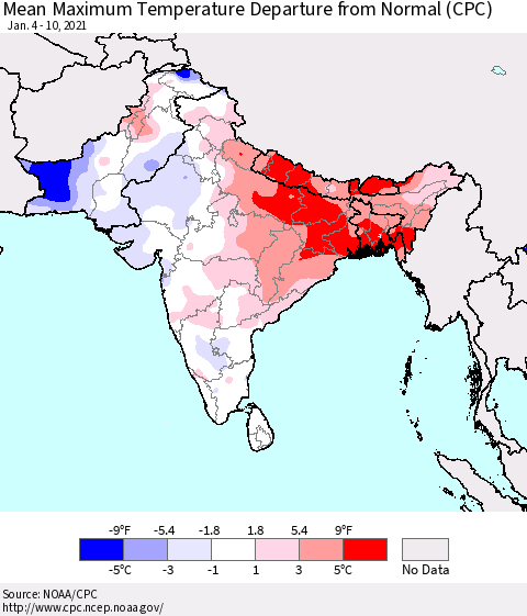 Southern Asia Mean Maximum Temperature Departure from Normal (CPC) Thematic Map For 1/4/2021 - 1/10/2021