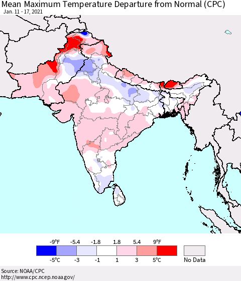 Southern Asia Maximum Temperature Departure From Normal (CPC) Thematic Map For 1/11/2021 - 1/17/2021