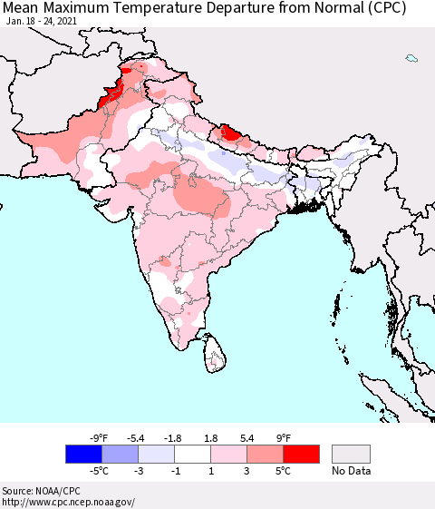Southern Asia Maximum Temperature Departure From Normal (CPC) Thematic Map For 1/18/2021 - 1/24/2021