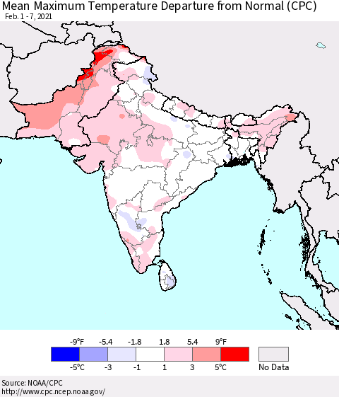Southern Asia Mean Maximum Temperature Departure from Normal (CPC) Thematic Map For 2/1/2021 - 2/7/2021
