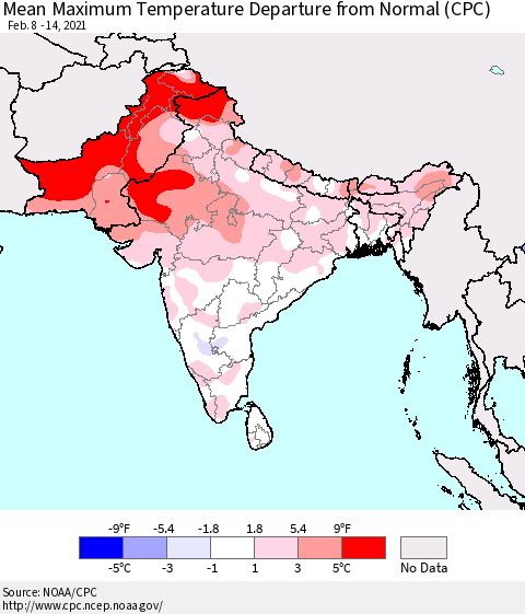 Southern Asia Mean Maximum Temperature Departure from Normal (CPC) Thematic Map For 2/8/2021 - 2/14/2021