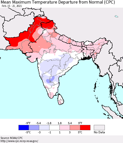 Southern Asia Maximum Temperature Departure From Normal (CPC) Thematic Map For 2/15/2021 - 2/21/2021