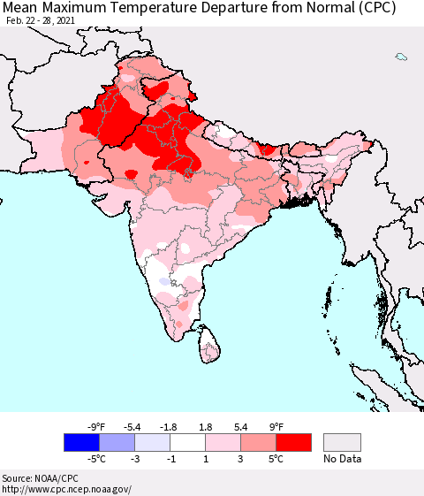 Southern Asia Mean Maximum Temperature Departure from Normal (CPC) Thematic Map For 2/22/2021 - 2/28/2021