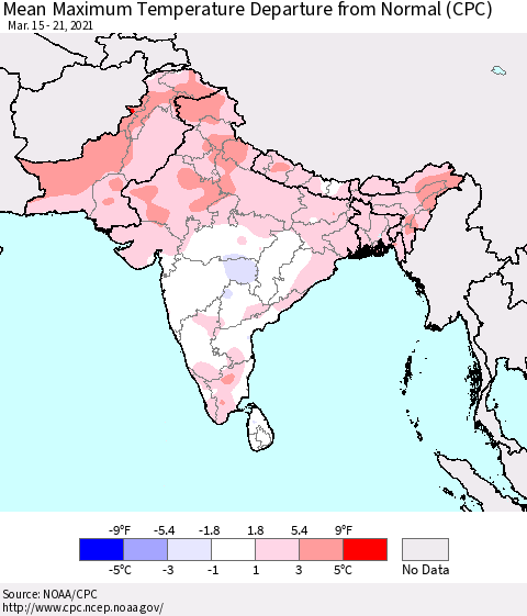 Southern Asia Mean Maximum Temperature Departure from Normal (CPC) Thematic Map For 3/15/2021 - 3/21/2021
