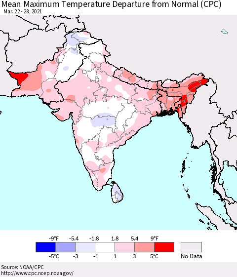 Southern Asia Mean Maximum Temperature Departure from Normal (CPC) Thematic Map For 3/22/2021 - 3/28/2021
