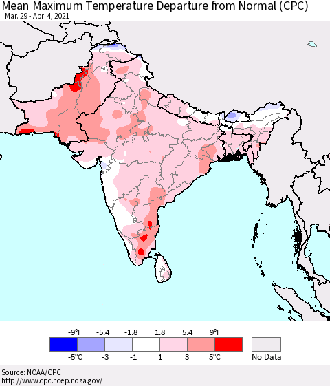Southern Asia Mean Maximum Temperature Departure from Normal (CPC) Thematic Map For 3/29/2021 - 4/4/2021