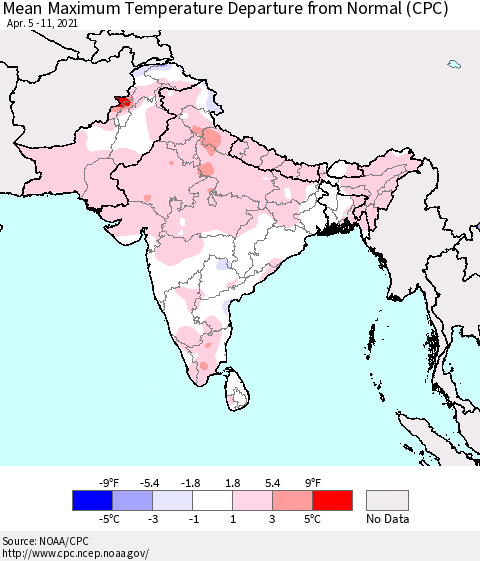 Southern Asia Maximum Temperature Departure From Normal (CPC) Thematic Map For 4/5/2021 - 4/11/2021