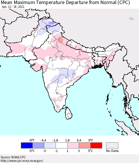 Southern Asia Mean Maximum Temperature Departure from Normal (CPC) Thematic Map For 4/12/2021 - 4/18/2021