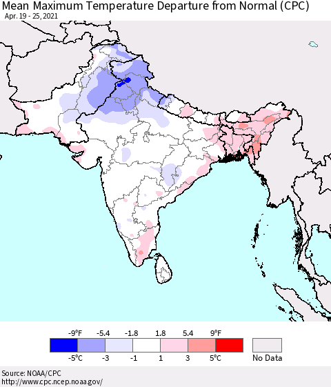 Southern Asia Mean Maximum Temperature Departure from Normal (CPC) Thematic Map For 4/19/2021 - 4/25/2021