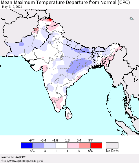 Southern Asia Mean Maximum Temperature Departure from Normal (CPC) Thematic Map For 5/3/2021 - 5/9/2021