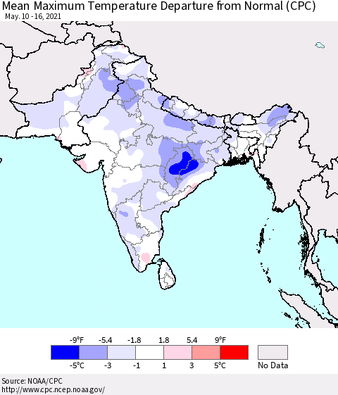 Southern Asia Maximum Temperature Departure From Normal (CPC) Thematic Map For 5/10/2021 - 5/16/2021