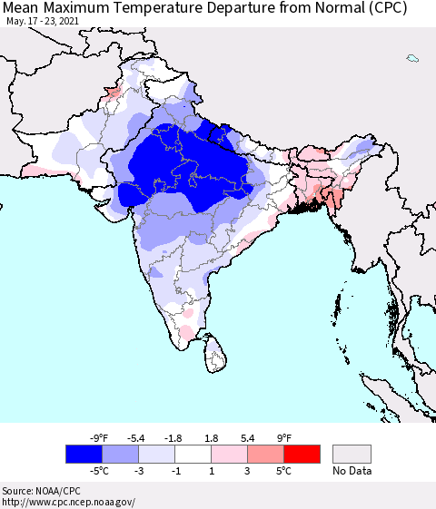 Southern Asia Mean Maximum Temperature Departure from Normal (CPC) Thematic Map For 5/17/2021 - 5/23/2021