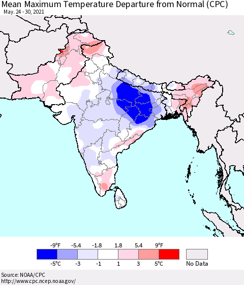 Southern Asia Mean Maximum Temperature Departure from Normal (CPC) Thematic Map For 5/24/2021 - 5/30/2021